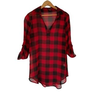 Red Buffalo Plaid Sheer Tunic Top | Roll-Tab Sleeves Size S